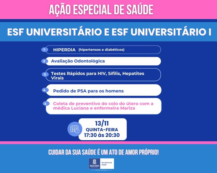 ESFs Universitário e Universitário 1 realizam ação com horário estendido nesta quinta-feira