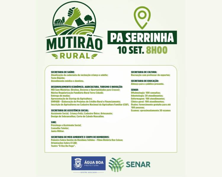 Mutirão Rural vai levar serviços gratuitos aos moradores do PA Serrinha